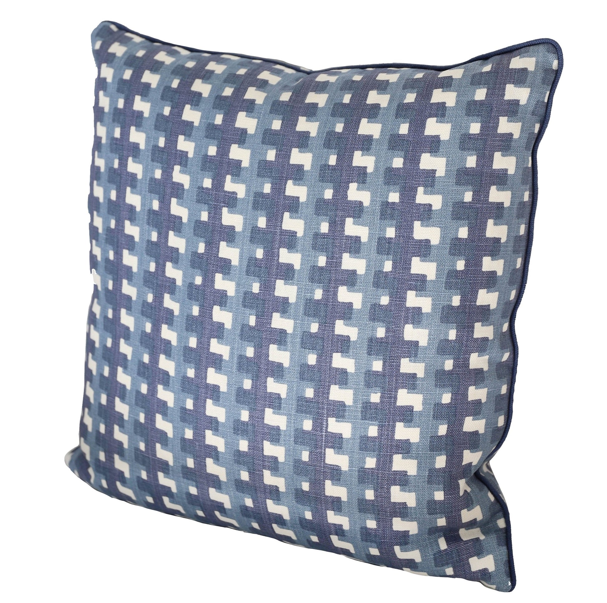 An Edgar Custom Drapery Cremaillere Indigo Pillow, a custom blue and white cushion with a geometric pattern, handmade in the USA from 100% linen.