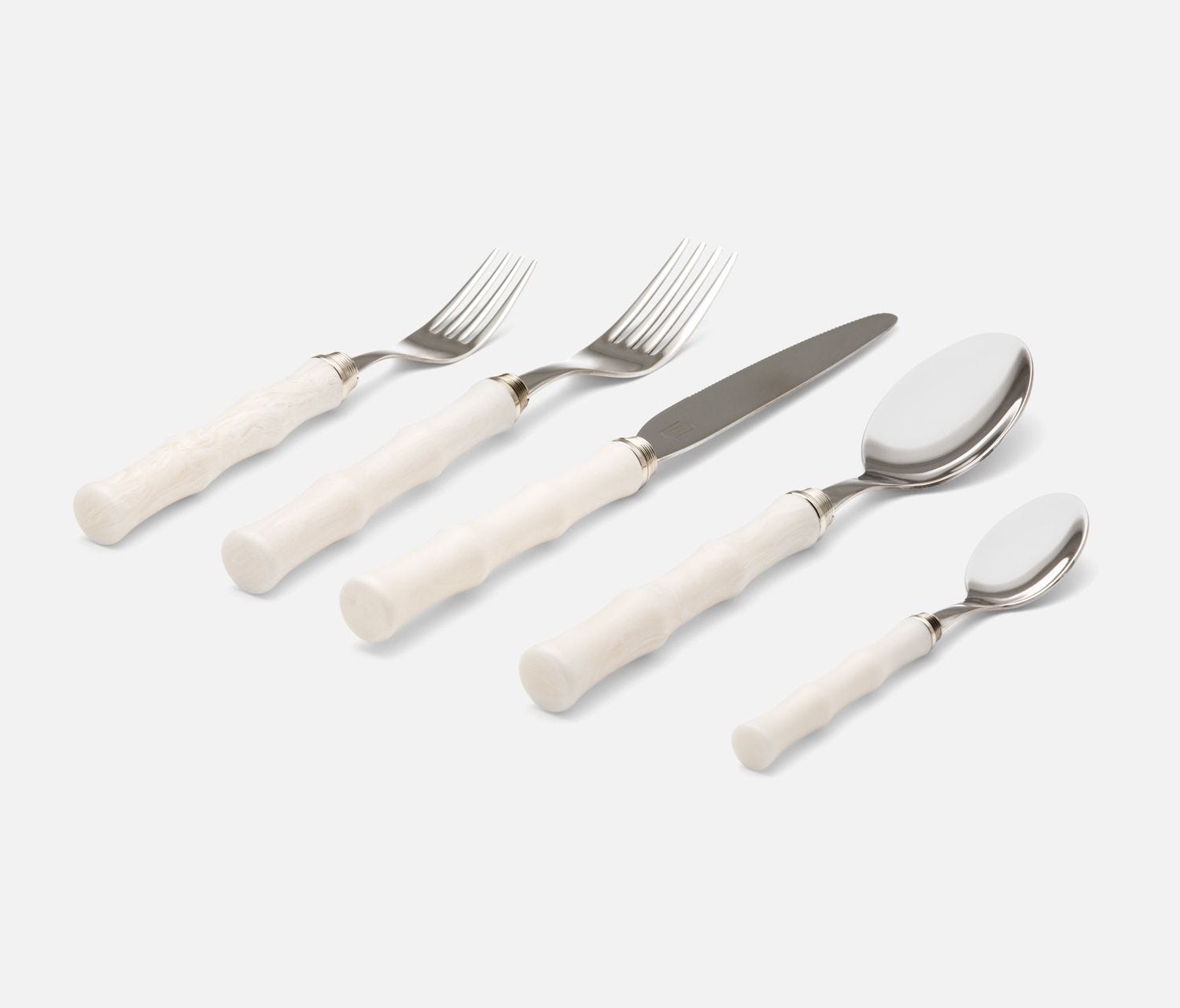 The Blue Pheasant Montecito Acrylic Ivory 5 Piece Flatware Set features a dinner fork, salad fork, knife, soup spoon, and teaspoon with textured ivory handles—dishwasher safe and elegantly arranged on a light background.