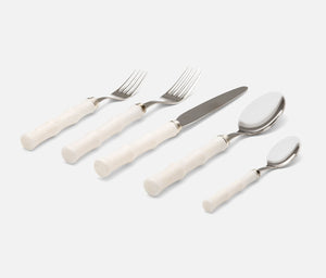 The Blue Pheasant Montecito Acrylic Ivory 5 Piece Flatware Set features a dinner fork, salad fork, knife, soup spoon, and teaspoon with textured ivory handles—dishwasher safe and elegantly arranged on a light background.