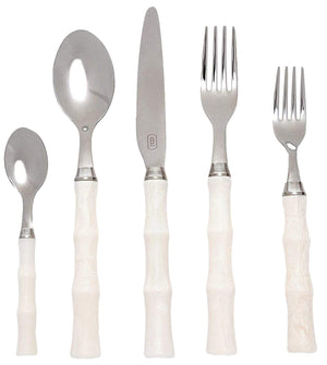The Blue Pheasant Montecito Acrylic Ivory 5 Piece Flatware Set features durable, dishwasher-safe stainless steel cutlery with textured ivory handles: includes teaspoon, tablespoon, knife, dinner fork, and salad fork.