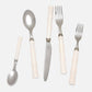The Blue Pheasant Montecito Acrylic Ivory 5 Piece Flatware Set includes two forks, two spoons, and a knife, beautifully arranged on a white background. These dishwasher safe utensils combine style and function effortlessly.