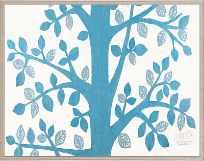 Natural Curiosities' "Paule Marrot Blue Tree" (42" x 54") features a stylized blue tree with branches and leaves on white, framed lightly—evoking Art Deco elegance and reminiscent of Paule Marrot’s iconic prints.
