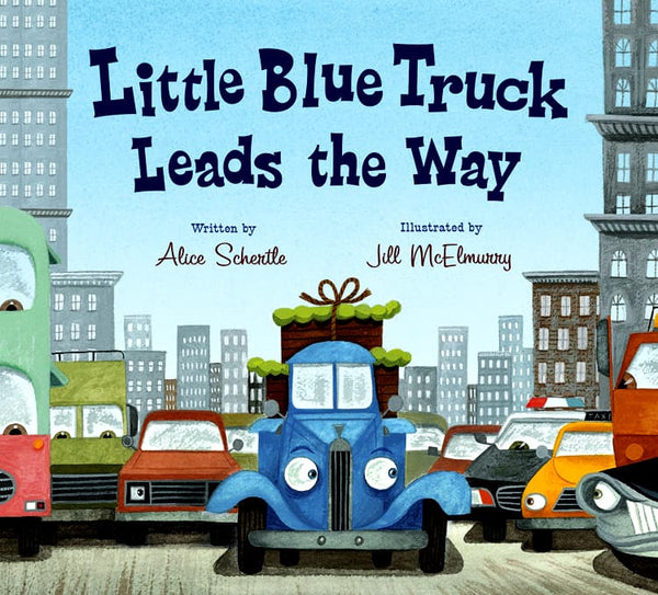 Illustration of the book cover "Common Ground's Little Blue Truck Leads the Way" featuring a blue truck among colorful cars in a city traffic jam, by Alice Schertle and Jill McElmurry.