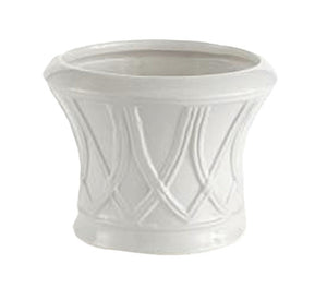 The Hillingdon Tapered Cachepot in White by Napa Home & Garden features a flared rim and embossed geometric, basket-like design on ceramic, displayed against a plain background.