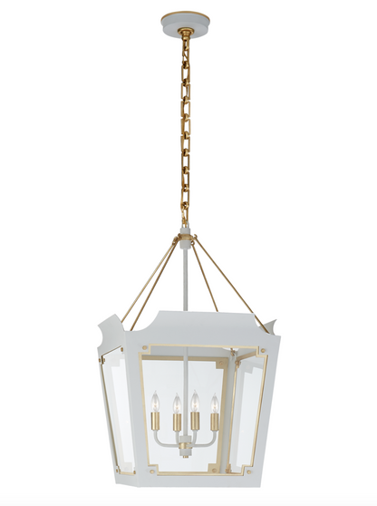A white and gilded Caddo Lantern by Visual Comfort with a geometric design and four candle-style lights, hanging from a chain.