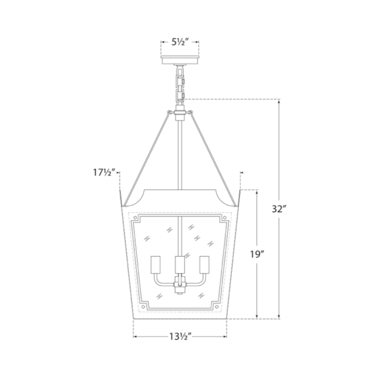 Technical drawing of a suspended Visual Comfort Caddo Lantern light fixture, showing dimensions in inches, with visible components and electrical connections.