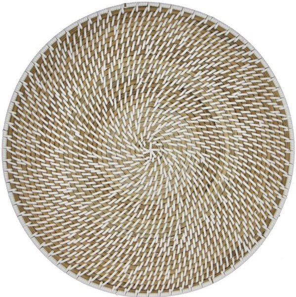 Circular hand-woven Deborah Rhodes Calypso Rattan placemat with a swirling pattern design, set of 4.
