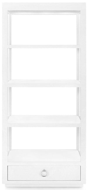 The Camilla Etagere by Bungalow5 is an elegant four-shelf white bookcase with a bottom drawer and metallic knob, featuring a refined lacquered white grasscloth finish, ideal against a white backdrop.