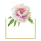 Caspari Blush Die-Cut Place Cards feature a realistic light pink peony with green leaves above a gold-bordered white rectangle, ideal for elegant place cards or die-cut designs on premium cardstock.