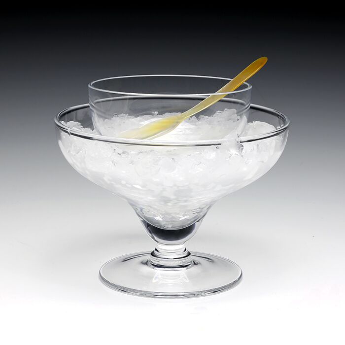 The William Yeoward Crystal Caspia Seafood and Caviar Server with Spoon features a small glass bowl set inside a larger ice-filled dish, ideal for elegantly serving caviar or a classic shrimp cocktail.