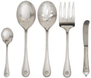 The Juliska Berry & Thread Bright Satin Hostess Set features five stainless steel pieces—a teaspoon, serving spoon, slotted spoon, serving fork, and butter knife—arranged in a row on a white background.
