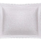 The Matouk Celine Bedding Collection in Pink features a rectangular white pillow with scalloped edges and small red dots, made from OEKO-TEX certified Egyptian cotton percale for premium softness and quality.