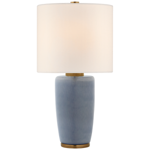 The Chado Large Table Lamp by Visual Comfort features a Polar Blue Crackle ceramic base with a white cylindrical fabric shade and supports E26 Dimmer compatible 100W bulbs.