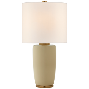 A cream-colored ceramic Chado Large Table Lamp by Visual Comfort with a cylindrical white shade and an E26 dimmer.