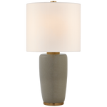 The Chado Large Table Lamp by Visual Comfort features a beige ceramic base with gold accents and a sleek finish, complemented by a cylindrical white lampshade.