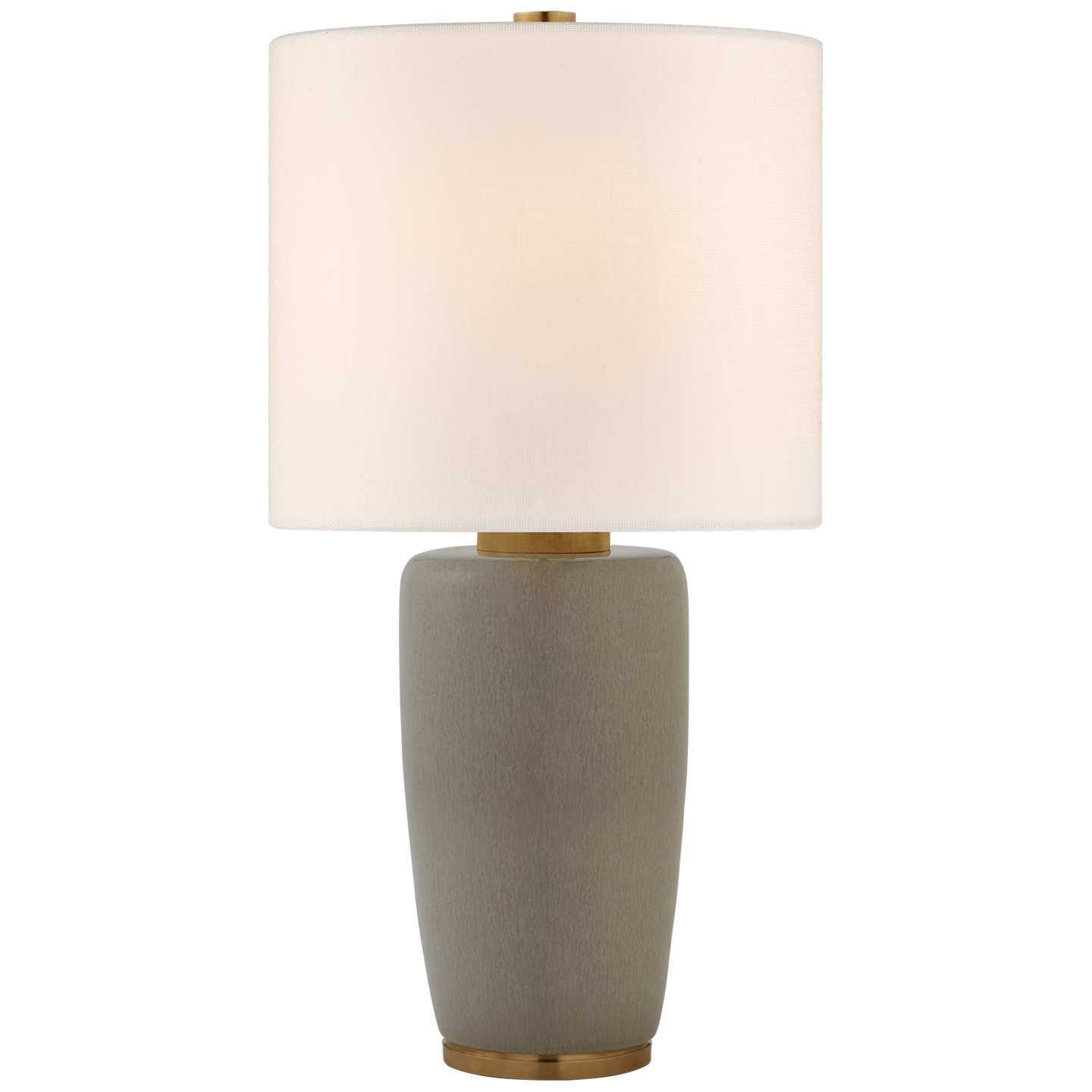 The Chado Large Table Lamp by Visual Comfort features a beige ceramic base with gold accents and a sleek finish, complemented by a cylindrical white lampshade.