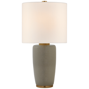 The Chado Large Table Lamp by Visual Comfort features a beige ceramic base with gold accents and a sleek finish, complemented by a cylindrical white lampshade.
