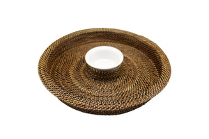 The Calaisio Round Chip and Dip Tray, handmade from water-vines, features a central dip dish and is displayed on a white background.