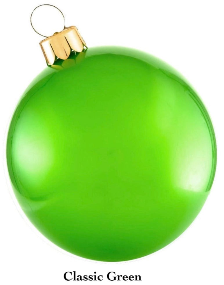 A vibrant green Holiball Giant Inflatable Ornament by Holiball, featuring a gold cap and hanging loop, brings a playful flair to your holiday decorations.