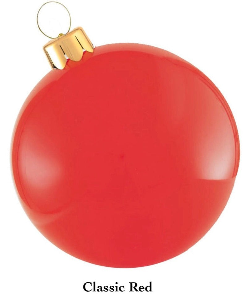 A festive addition to your holiday decorations, the Holiball Giant Inflatable Ornament from Holiball features a shiny red design with a gold cap, labeled "Classic Red" at the bottom.