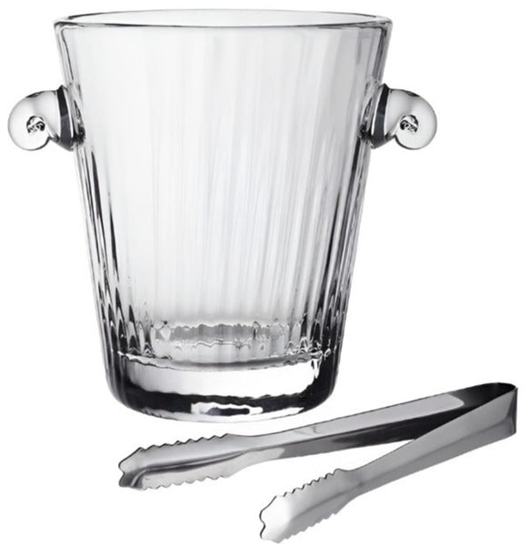 Handmade glass William Yeoward Crystal Corinne Ice Bucket with Tongs, featuring the Corinne pattern and ridged design, accompanied by stainless steel ice tongs, on a white background.