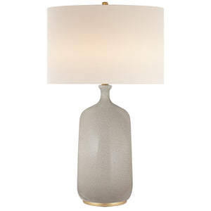The Culloden Table Lamp by Visual Comfort features exquisite bone craquelure ceramic glazes on a textured base, complete with a white cylindrical lampshade, ideal for adding sophistication to any room.