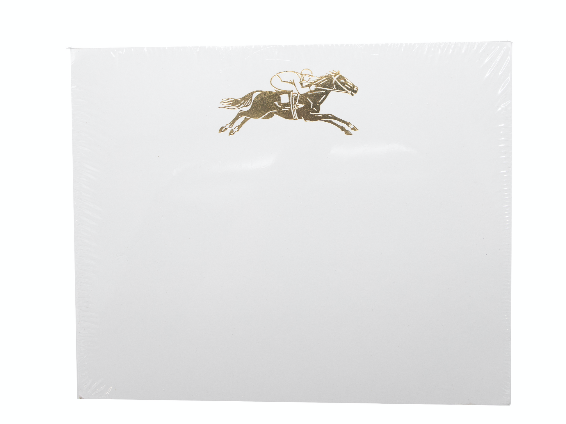 The Black Ink Jockey Large Notepad is made of white cardstock and features a gold foil illustration of a jockey on horseback at the top center.