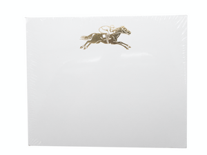 The Black Ink Jockey Large Notepad is made of white cardstock and features a gold foil illustration of a jockey on horseback at the top center.