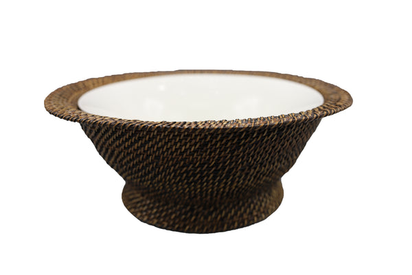 Calaisio Round Basket with Stand and Flared Porcelain Bowl with white interior isolated on a white background, crafted from South Pacific water-vines.