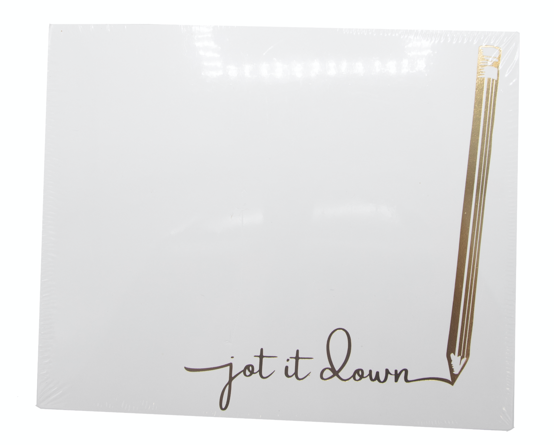 The Black Ink Pencil Large Notepad features sturdy white cardstock, a gold pencil illustration, and "jot it down" elegantly embossed in gold foil at the bottom right corner.