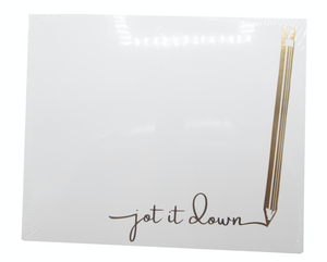 The Black Ink Pencil Large Notepad features sturdy white cardstock, a gold pencil illustration, and "jot it down" elegantly embossed in gold foil at the bottom right corner.