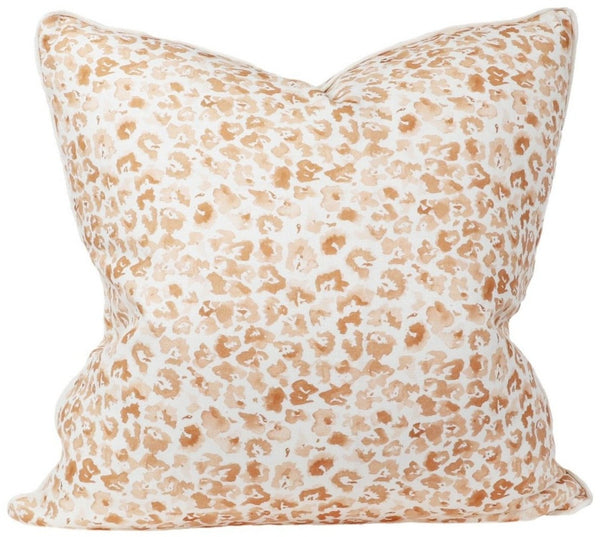 Decorative Peppy Leopard Pillow with a tan and white animal print design, down-filled by Associated Design.