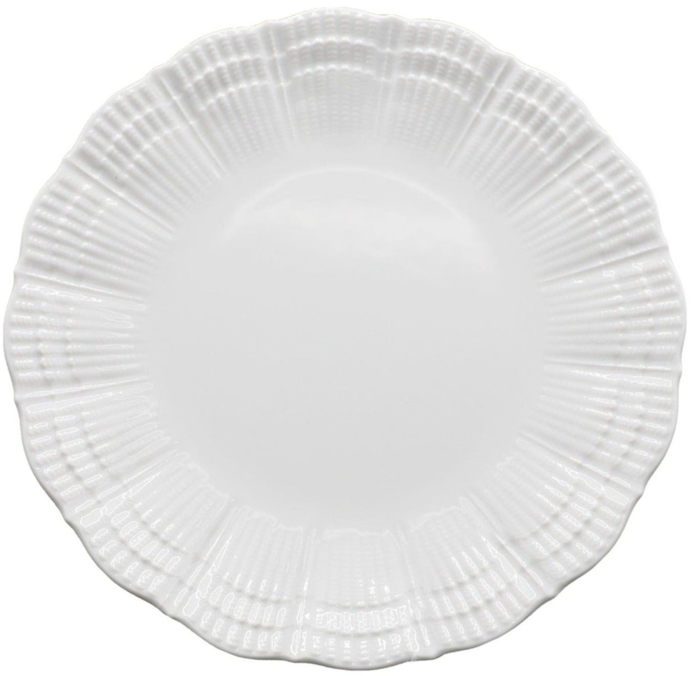 The Corail White Dinner Plate by Medard de Noblat/Devine features a scalloped, textured edge and smooth center, bringing seaside style to your table. Shown from above on a white background.
