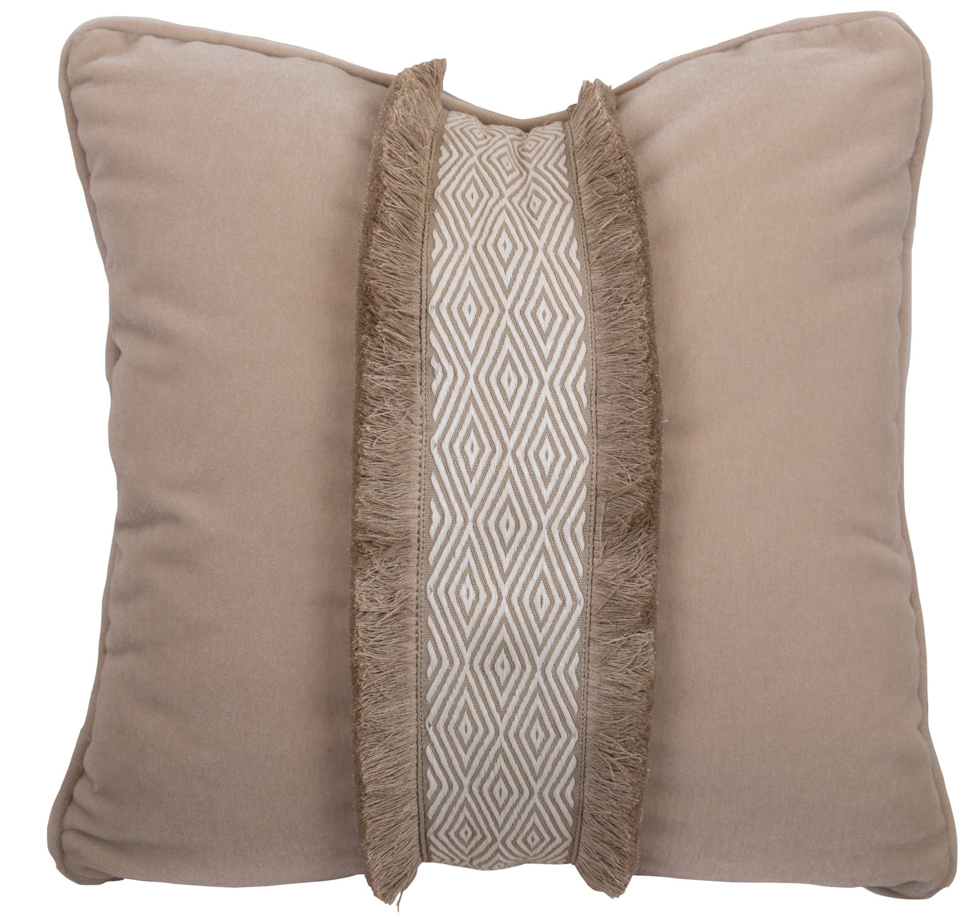 Handmade square beige Mohair Pillow by Associated Design with a central vertical panel featuring a geometric diamond pattern, bordered by fringed edges and down-filled for extra comfort.