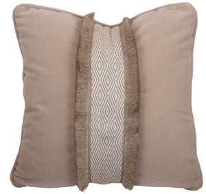 The Mohair Pillow by Hive Custom Pillows features a central geometric diamond panel and fringe strips in soft beige. This 22" x 22" down-filled design brings artisanal charm and cozy comfort to any space.