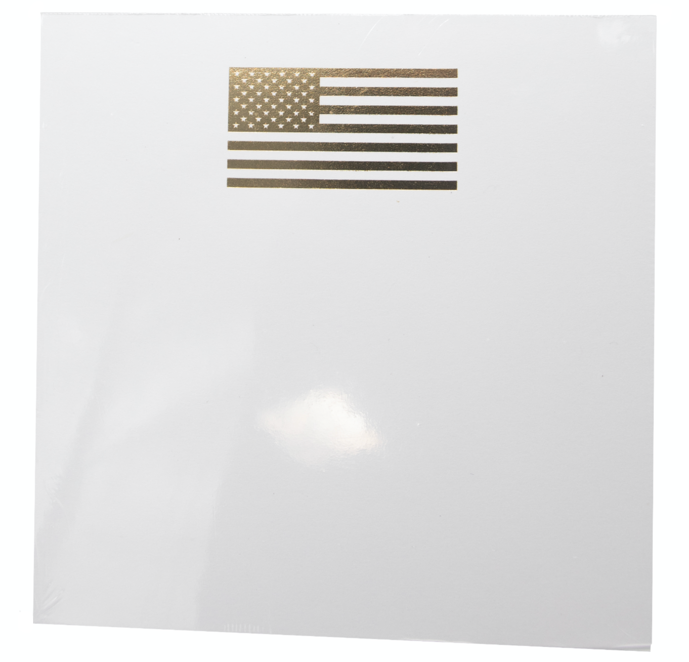 The Black Ink Flag Small Paddie is a blank white card with a gold-embossed U.S. flag in the upper left—crafted from quality paper and ideal for displaying in your Lucite Notepad Holder.