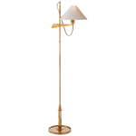An elegant Hargett Bridge Arm floor lamp by Visual Comfort with a brass stand and base, featuring a white natural paper shade and a round socket, designed with minimalistic aesthetics.