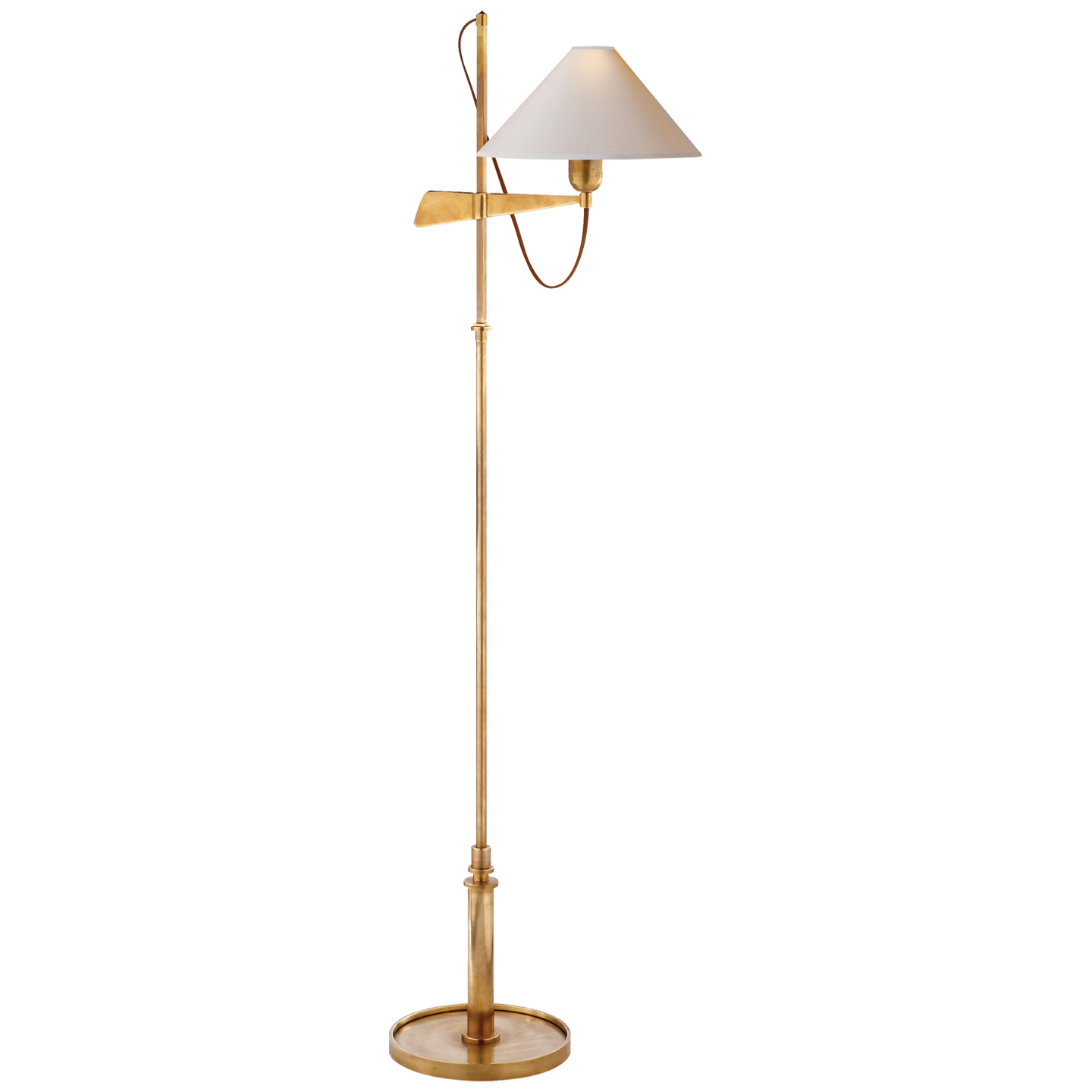 An elegant Hargett Bridge Arm floor lamp by Visual Comfort with a brass stand and base, featuring a white natural paper shade and a round socket, designed with minimalistic aesthetics.