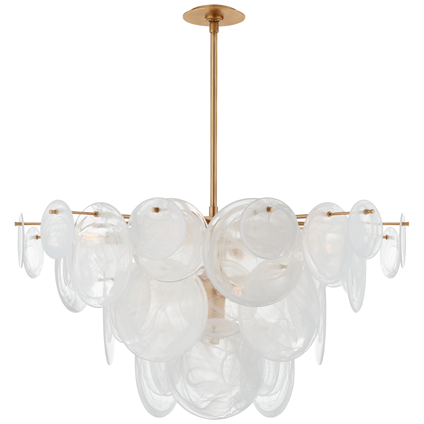 The Loire Large Chandelier in Gild with White Strie Glass by Visual Comfort features a gold frame with clusters of round, translucent glass discs and is available in a custom height to perfectly fit your space.