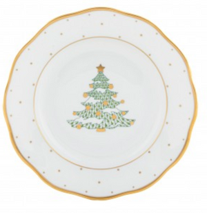 The Herend Christmas Tree Dessert Plate in Forest Green features a hand-painted, gold-rimmed edge and a festive Christmas tree design with a gold star, showcasing exquisite porcelain artistry.