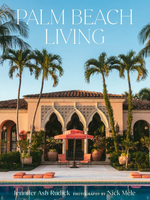 The cover of Palm Beach Living by Vendome features a Mediterranean-style villa with arched windows, palm trees, and a pool, showcasing tropical living through top interior designers.
