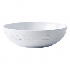 The Juliska Berry & Thread Melamine Whitewash Serving Bowl features a subtle textured rim and a plain white finish. Shown against a white background, it is dishwasher safe for easy cleaning.