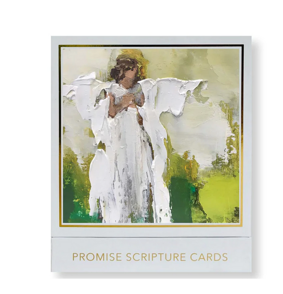 Anne Neilson: Promise Scripture Cards feature a box adorned with Anne Neilson Angel paintings in divine hues of white, green, and yellow. Each card reveals God's promises intertwined with the ethereal beauty of the artwork.