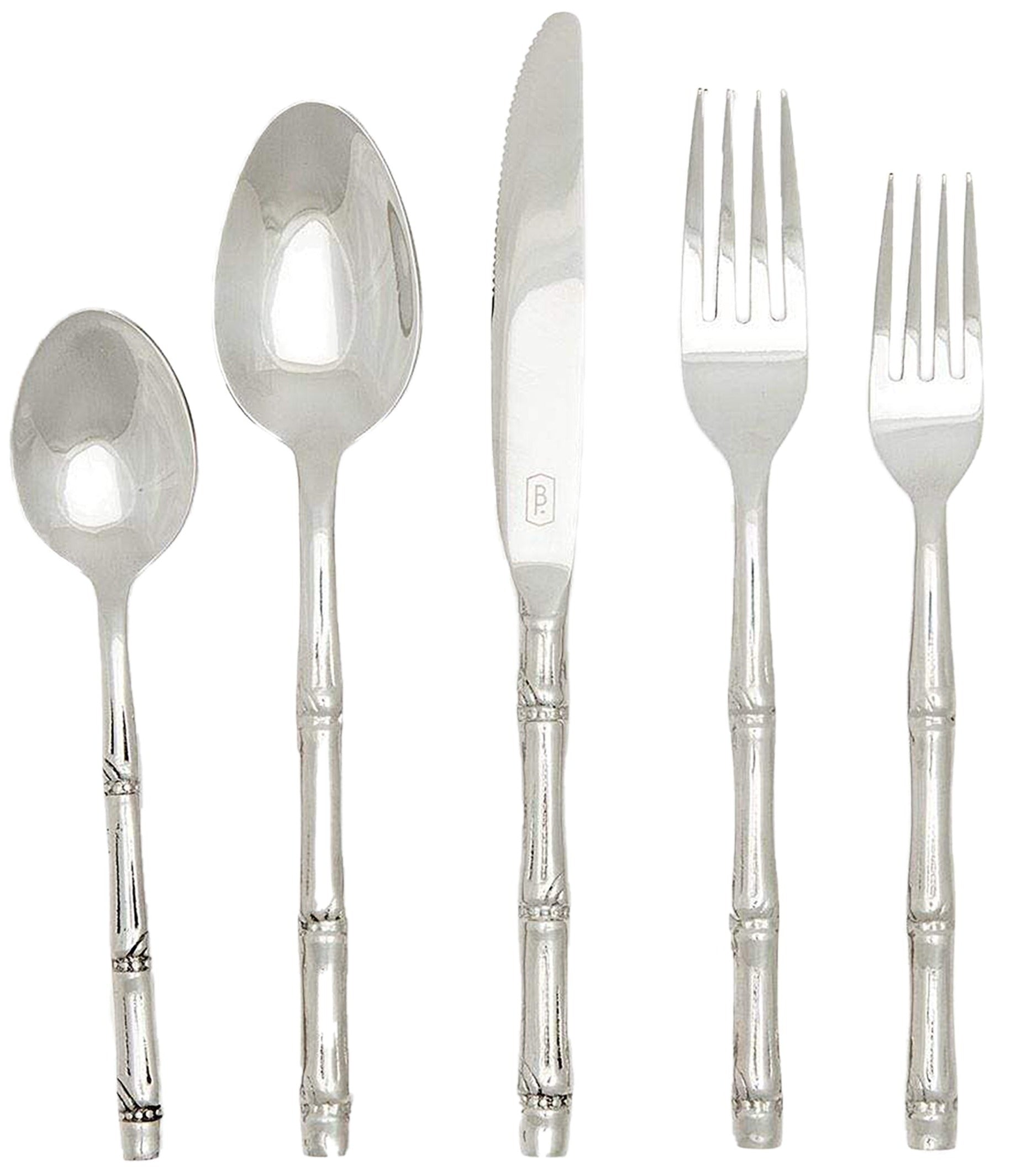 The Blue Pheasant Liliana Polished Silver Bamboo 5 Piece Flatware Set features a teaspoon, tablespoon, knife, dinner fork, and salad fork with textured bamboo-style handles in dishwasher safe stainless steel.