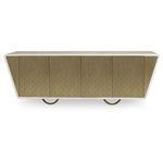 The Julian Chichester Danish Fishscale Cabinet is a modern sideboard with a beige textured front in a fishscale pattern, featuring a sloped design and circular metal legs wrapped in brass.