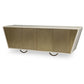 The Julian Chichester Danish Fishscale Cabinet features a modern rectangular design with a beige finish, natural vellum-coated fishscale-patterned doors, and two circular brass-wrapped metal bases.
