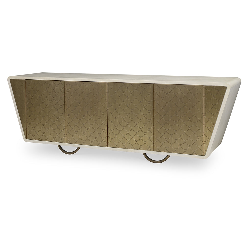 The Julian Chichester Danish Fishscale Cabinet features a modern rectangular design with a beige finish, natural vellum-coated fishscale-patterned doors, and two circular brass-wrapped metal bases.