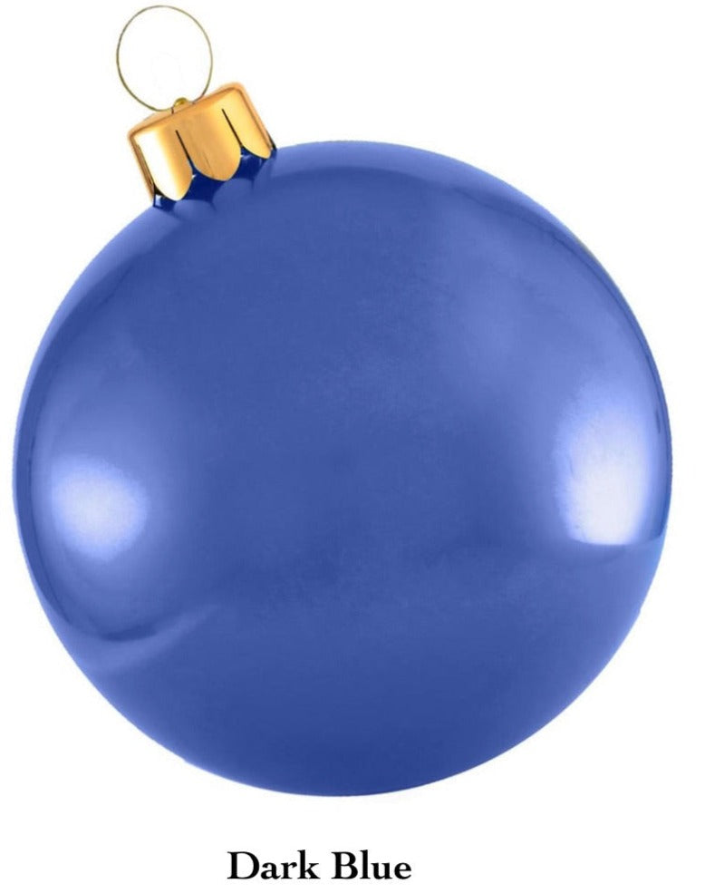 A gleaming dark blue Holiball Giant Inflatable Ornament, featuring a golden cap and hook.