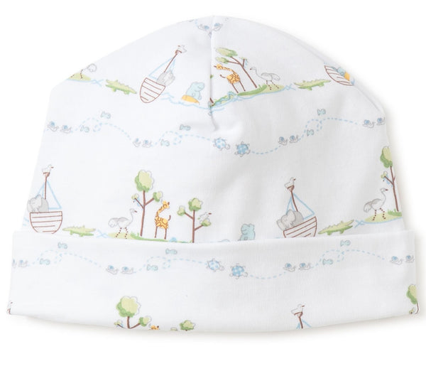A Kissy Kissy Noah’s Ark Hat with animal printed on it. Made from Pima cotton.