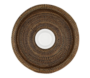 A top-view of the Calaisio Round Chip and Dip Tray shows its woven water-vine design with a central dip dish, displayed on a white background.
